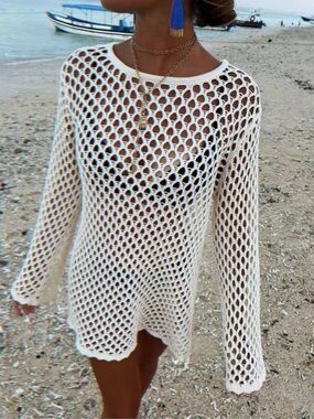 Swim Coverup - Cream Open-Knit Long Sleeve